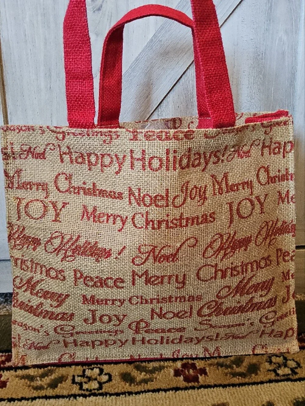 Red Text Burlap Holiday Tote Bag